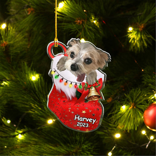 Customized Biewer Terrier Dog Photo Acrylic Christmas Ornament In Christmas Sock Ornament for Dog Lover, New Year