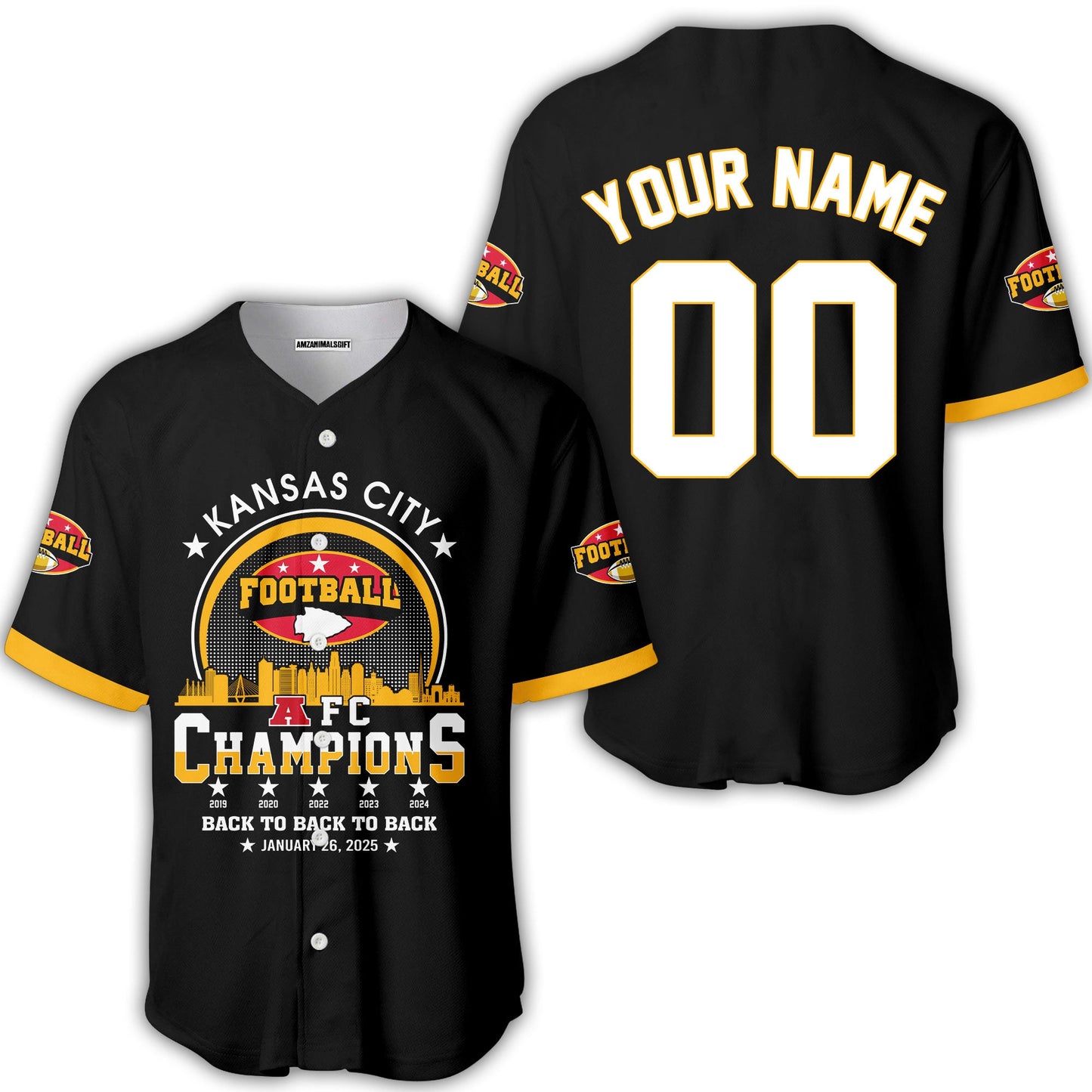 Customized Kansas City Football 2024-2025 AFC Champions 2 Sided Baseball Jersey Shirts, American Football Champs Outfit For Kansas City Football Fans