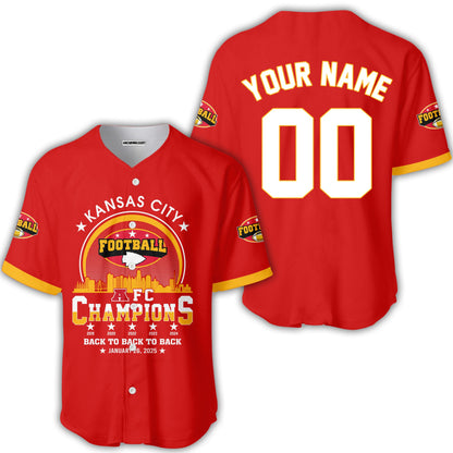 Customized Kansas City Football 2024-2025 AFC Champions 2 Sided Baseball Jersey Shirts, American Football Champs Outfit For Kansas City Football Fans