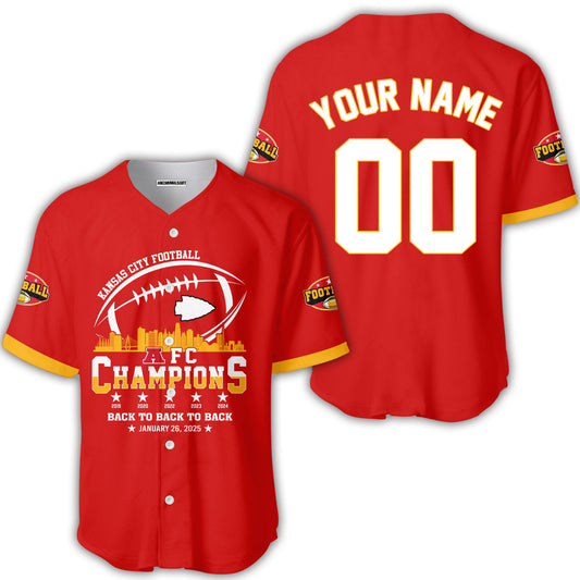 Customized Kansas City Football 2024-2025 AFC Champions 2 Sided Baseball Jersey Shirts Skyline, American Football Champs Outfit For Football Fans