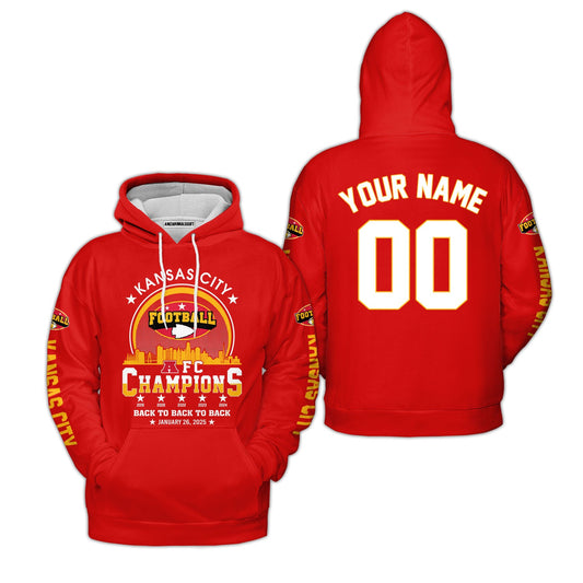 Customized Kansas City Football 2024-2025 AFC Champions 2 Sided Hoodie, American Football Champs Outfit For Kansas City Football Fans - AOP
