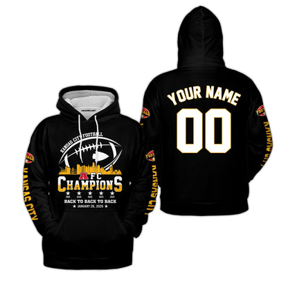 Customized Kansas City Football 2024-2025 AFC Champions 2 Sided Sweatshirt Skyline, American Football Champs Outfit For Football Fans - AOP