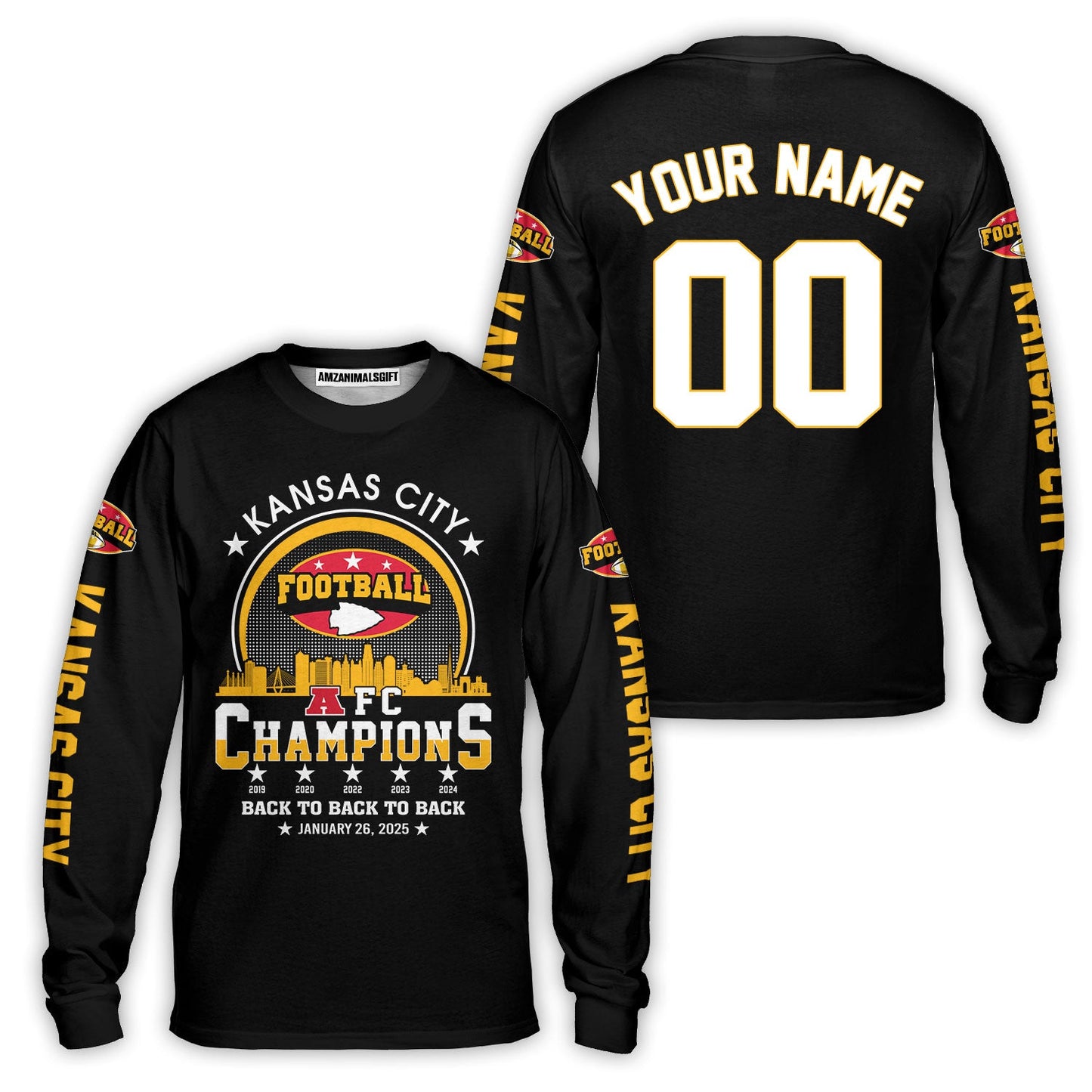 Customized Kansas City Football 2024-2025 AFC Champions 2 Sided Baseball Jersey Shirts, American Football Champs Outfit For Kansas City Football Fans