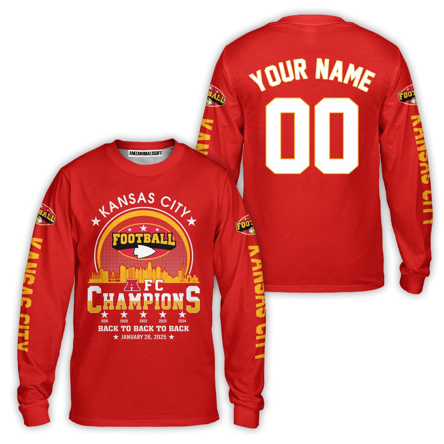 Customized Kansas City Football 2024-2025 AFC Champions 2 Sided Baseball Jersey Shirts, American Football Champs Outfit For Kansas City Football Fans