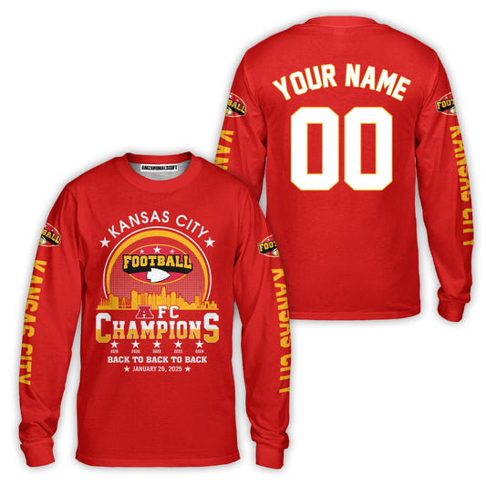Customized Kansas City Football 2024-2025 AFC Champions 2 Sided Long Sleeve Shirts, American Football Champs Outfit For Kansas City Football Fans