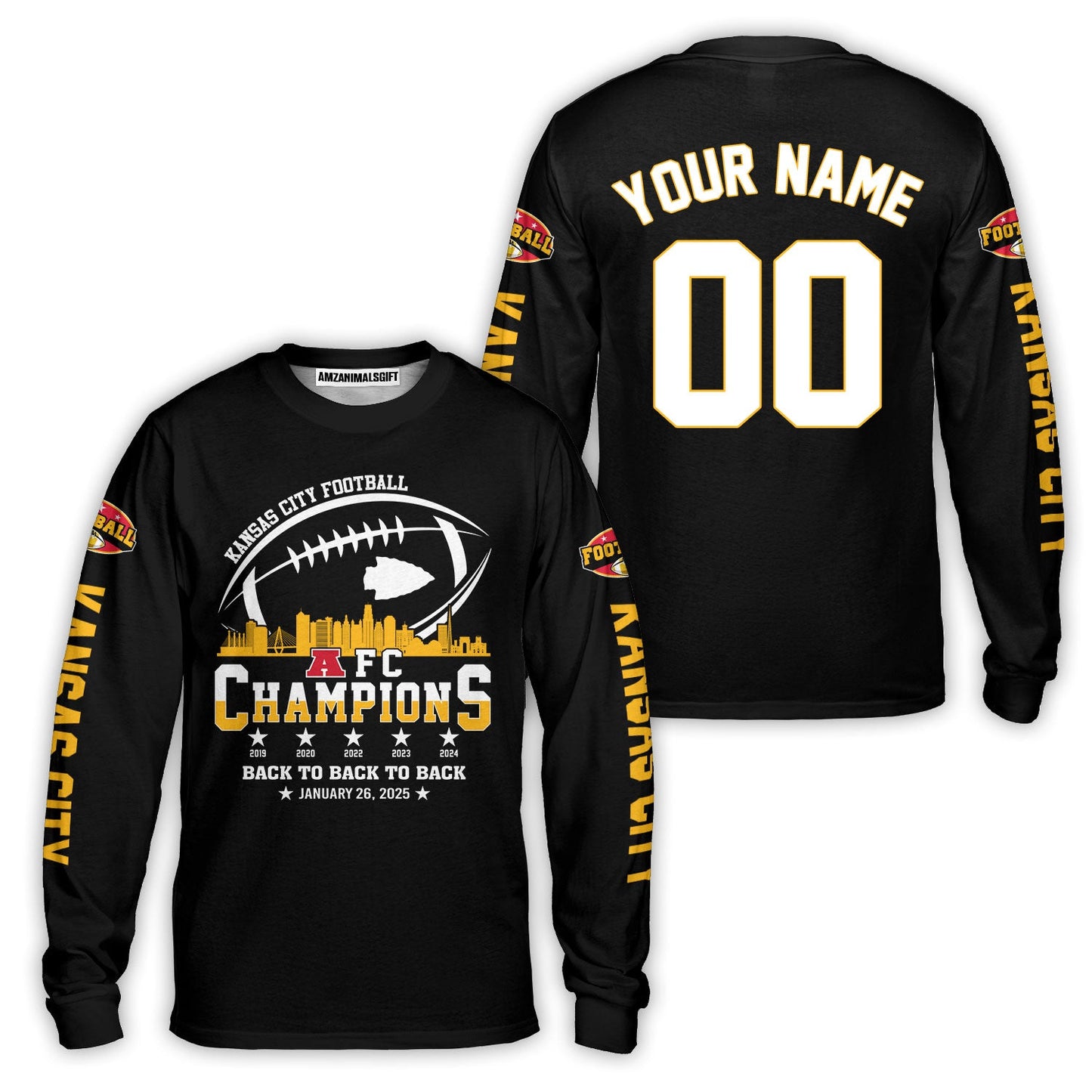 Customized Kansas City Football 2024-2025 AFC Champions 2 Sided Hoodie Skyline, American Football Champs Outfit For Football Fans - AOP