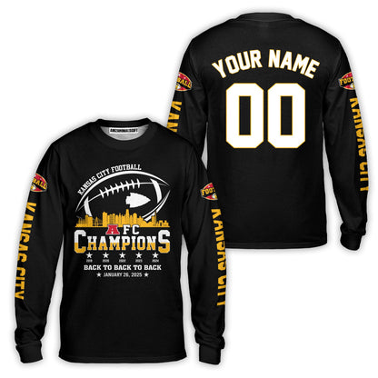 Customized Kansas City Football 2024-2025 AFC Champions 2 Sided Sweatshirt Skyline, American Football Champs Outfit For Football Fans - AOP