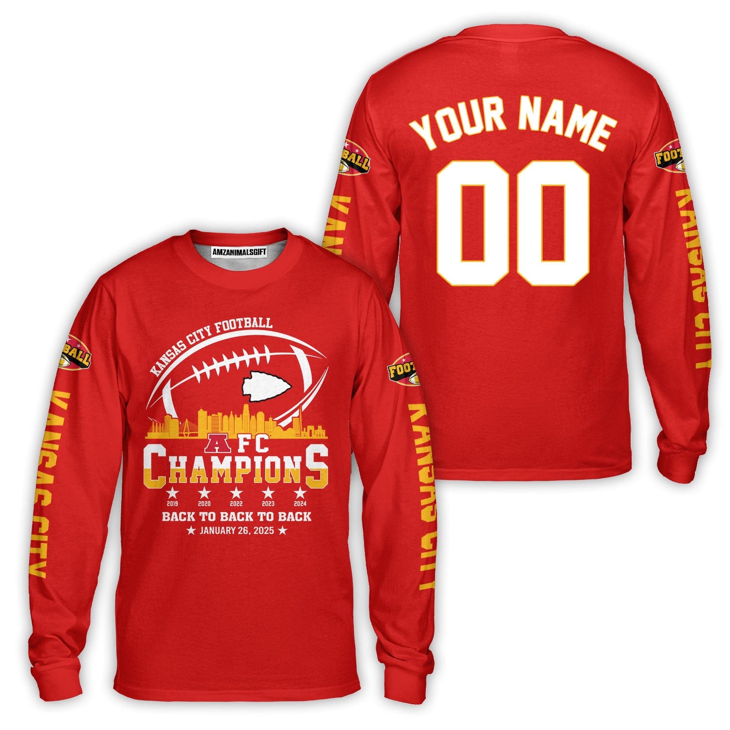 Customized Kansas City Football 2024-2025 AFC Champions 2 Sided Baseball Jersey Shirts Skyline, American Football Champs Outfit For Football Fans