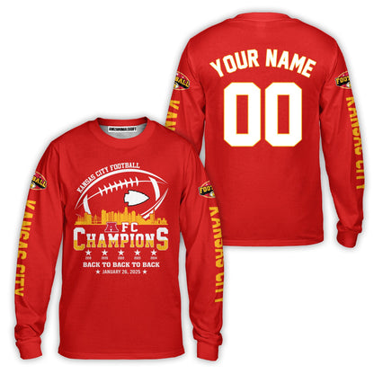 Customized Kansas City Football 2024-2025 AFC Champions 2 Sided Sweatshirt Skyline, American Football Champs Outfit For Football Fans - AOP