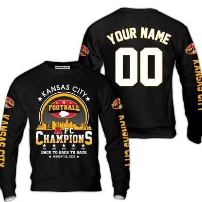 Customized Kansas City Football 2024-2025 AFC Champions 2 Sided Baseball Jersey Shirts, American Football Champs Outfit For Kansas City Football Fans