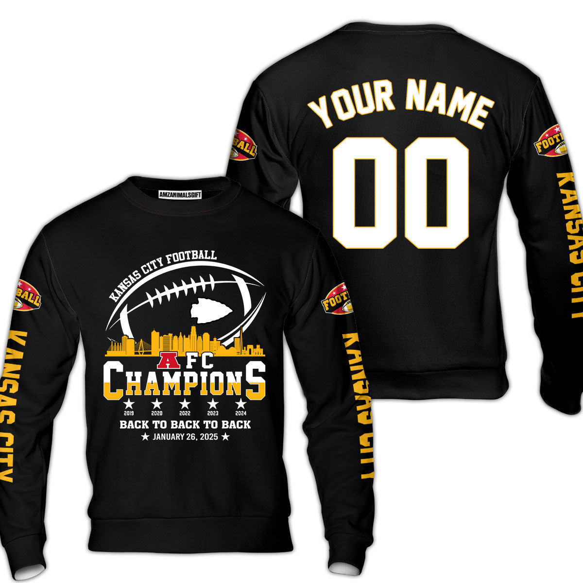Customized Kansas City Football 2024-2025 AFC Champions 2 Sided Baseball Jersey Shirts Skyline, American Football Champs Outfit For Football Fans