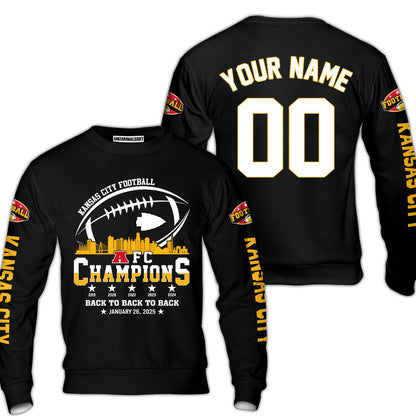 Customized Kansas City Football 2024-2025 AFC Champions 2 Sided Sweatshirt Skyline, American Football Champs Outfit For Football Fans - AOP