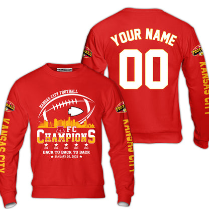 Customized Kansas City Football 2024-2025 AFC Champions 2 Sided Sweatshirt Skyline, American Football Champs Outfit For Football Fans - AOP