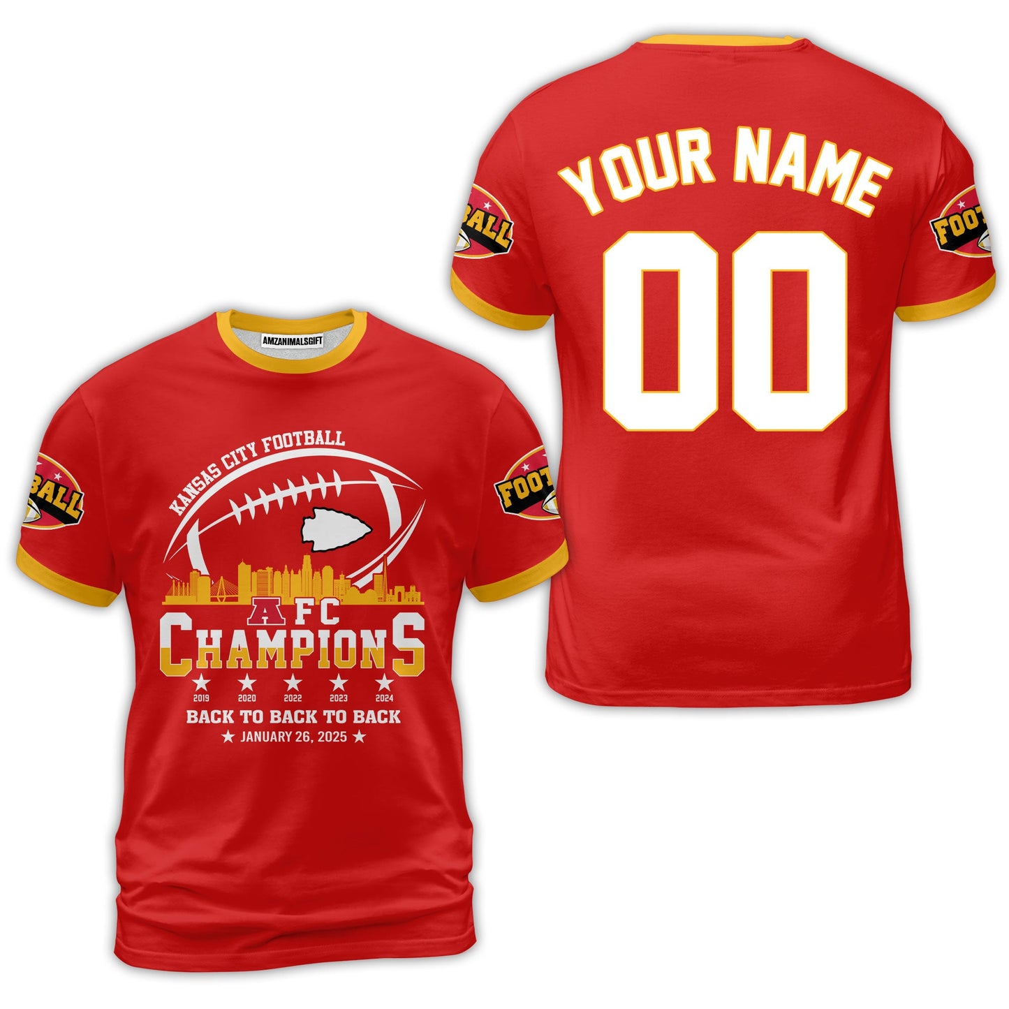 Customized Kansas City Football 2024-2025 AFC Champions 2 Sided Baseball Jersey Shirts Skyline, American Football Champs Outfit For Football Fans