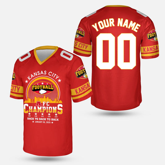 Customized Kansas City Football 2024-2025 AFC Champions 2 Sided V-neck Jersey Shirts, American Football Champs Outfit For Kansas City Football Fans