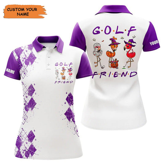 Customized Name Golf Women Polo Shirts, Flamingo Halloween Personalized Name Golf Friends Purple Shirts - Perfect Gift For Ladies, Golfers, Golf Lovers - Cerigifts