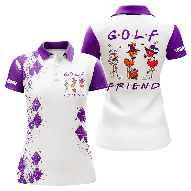 Customized Name Golf Women Polo Shirts, Flamingo Halloween Personalized Name Golf Friends Purple Shirts - Perfect Gift For Ladies, Golfers, Golf Lovers - Cerigifts