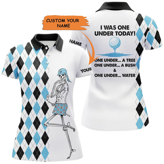 Customized Name Golf Women Polo Shirts, Golf Skeleton Personalized I Was One Under Today One Under A Tree - Perfect Gift For Golfers, Golf Lovers - Cerigifts
