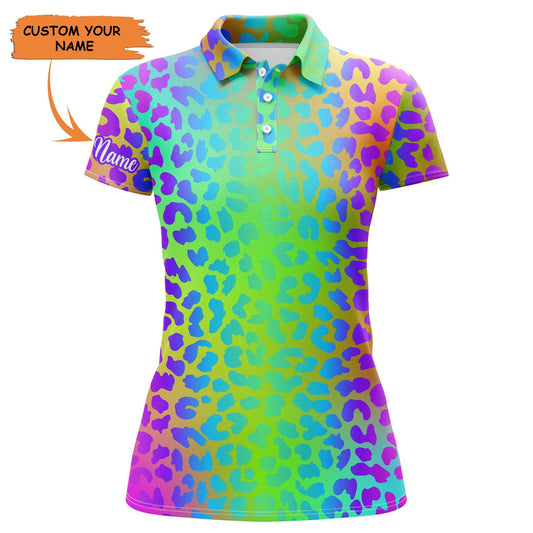 Customized Name Golf Women Polo Shirts, Neon Rainbow Leopard Print Personalized Ladies Pattern Golf Shirts - Perfect Gift For Golfers, Golf Lovers - Cerigifts