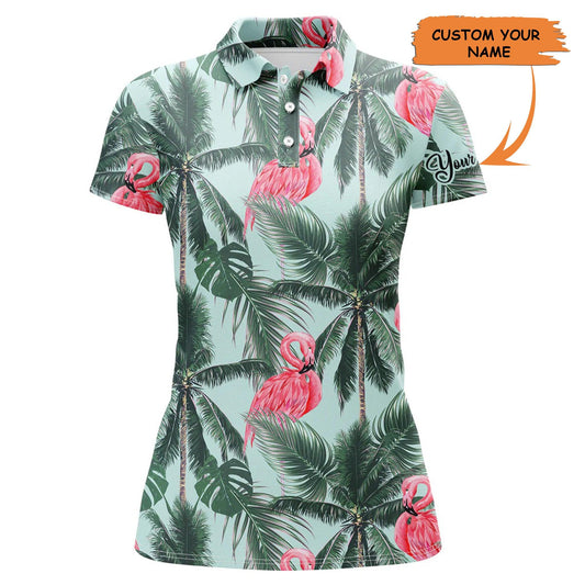 Customized Name Golf Women Polo Shirts, Personalized Pink Flamingos Tropical Palm Leaves Golf Polo Shirts - Perfect Gift For Golfers, Golf Lovers - Cerigifts