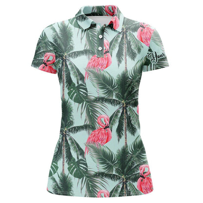 Customized Name Golf Women Polo Shirts, Personalized Pink Flamingos Tropical Palm Leaves Golf Polo Shirts - Perfect Gift For Golfers, Golf Lovers - Cerigifts