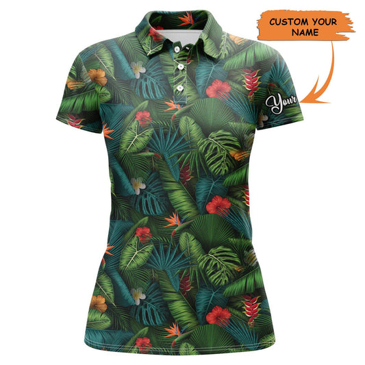 Customized Name Golf Women Polo Shirts, Personalized Tropical Summer Leaves Background Golf Polo Shirts - Perfect Gift For Golfers, Golf Lovers - Cerigifts