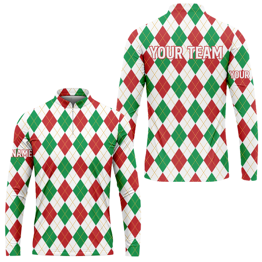 Christmas Plaid Argyle Pattern Golf Long Sleeve Jersey - Custom Name Apparel - Personalized Gift For Golf Lover, Team