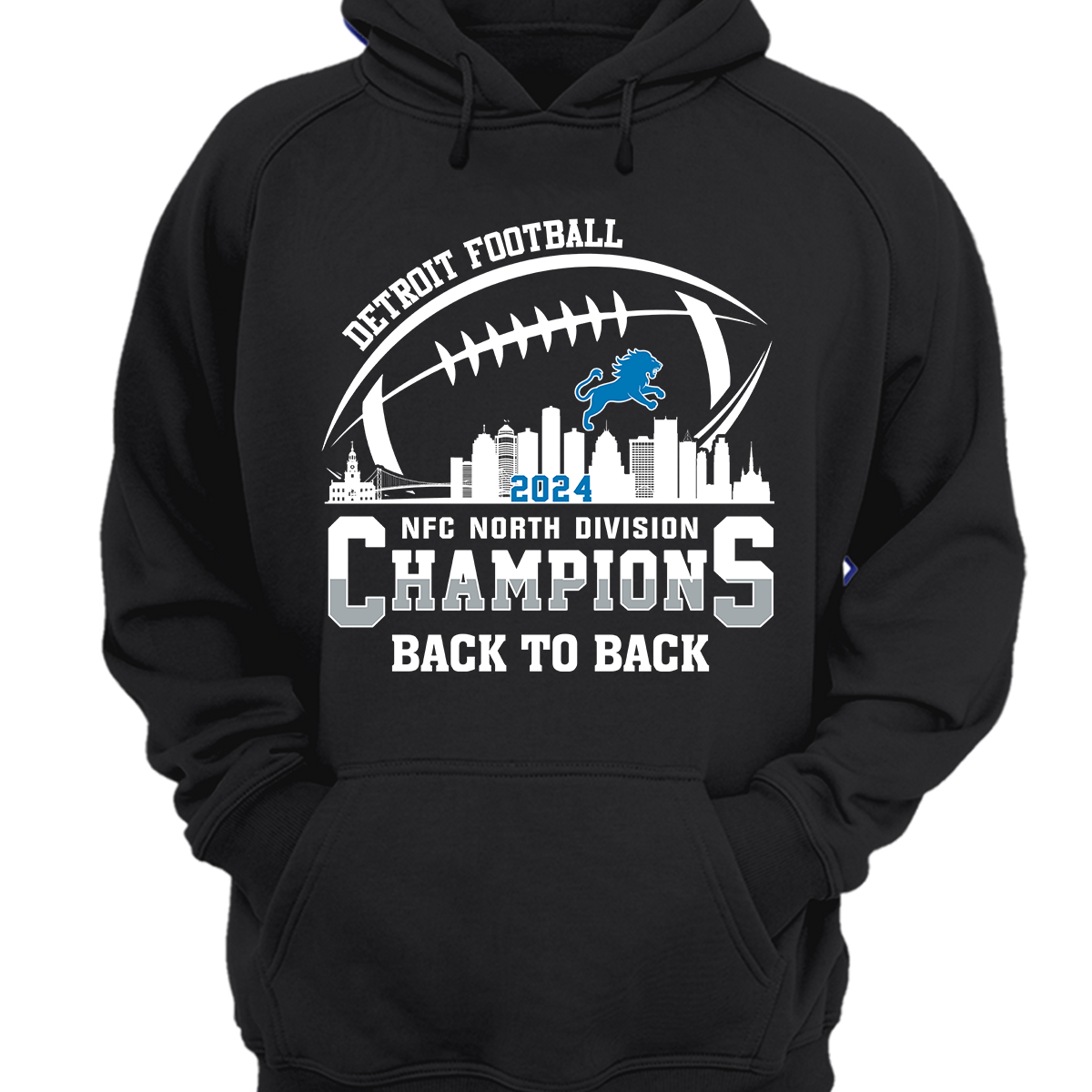 Detroit Football 2024 NFC North Division Champions Skyline Back To Back Hoodie, NFC North Champs Apparel For Football Fans