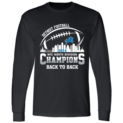 Detroit Football 2024 NFC North Division Champions Skyline Back To Back Shirts, NFC North Champs Apparel For Football Fans