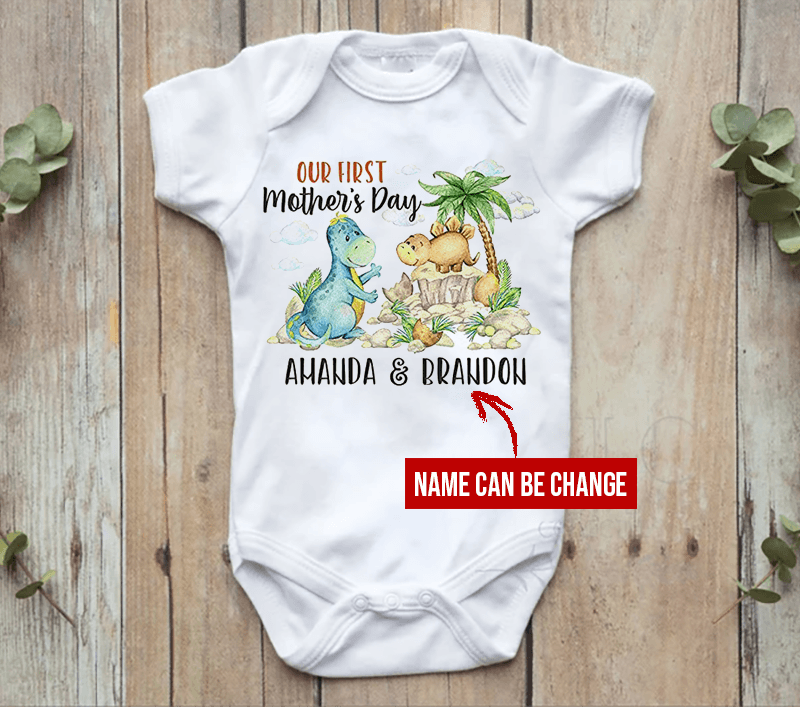 Personalized First Mother's Day Dinosaur In Forest Baby Gift For Mom And Baby Newborn Onesies - HN11