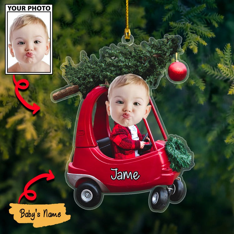 Custom Photo Baby’s First Christmas Santa Claus In Car Acrylic Ornament, 1st Christmas Gift For Family, Baby