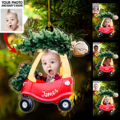 Custom Baby Photo Driving Car Ornament Christmas Pine Tree Acrylic Ornament, Christmas Gift For Baby, Son, Daughter, Mom Dad