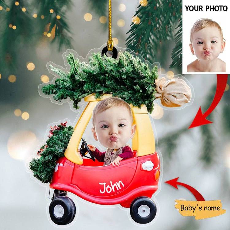 Custom Baby Photo Driving Car Ornament Christmas Pine Tree Acrylic Ornament, Christmas Gift For Baby, Son, Daughter, Mom Dad