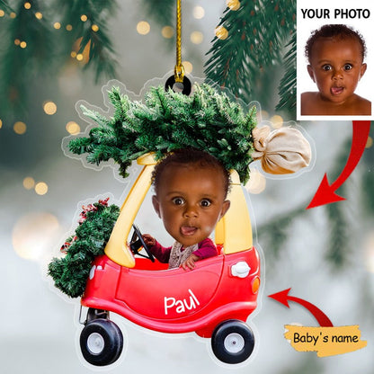 Custom Baby Photo Driving Car Ornament Christmas Pine Tree Acrylic Ornament, Christmas Gift For Baby, Son, Daughter, Mom Dad
