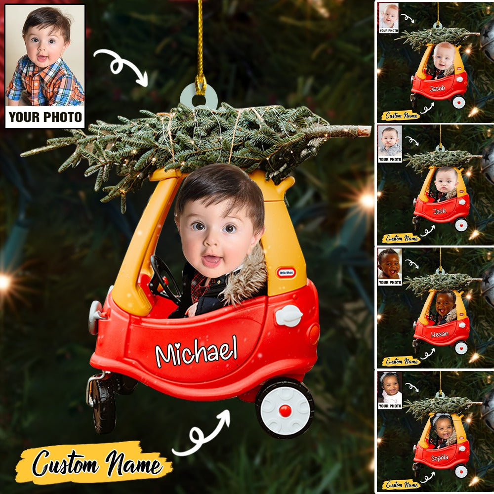 Custom Face Photo Baby Cute And Christmas Tree On Car With Name Acrylic Ornament, 1st Christmas Ornament Gift For Baby Mom Dad