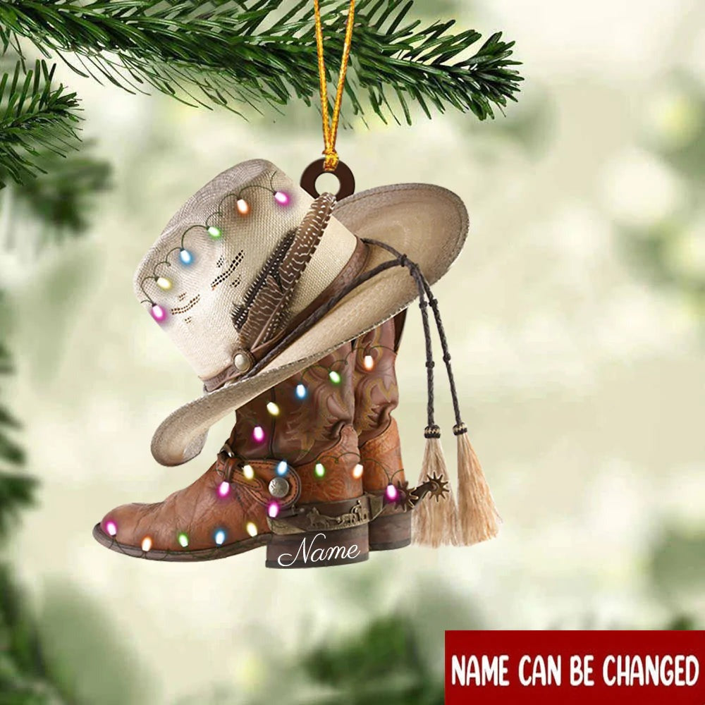 Boots and Hat Cowboy With Christmas Light Custom Name Flat Acrylic Ornament