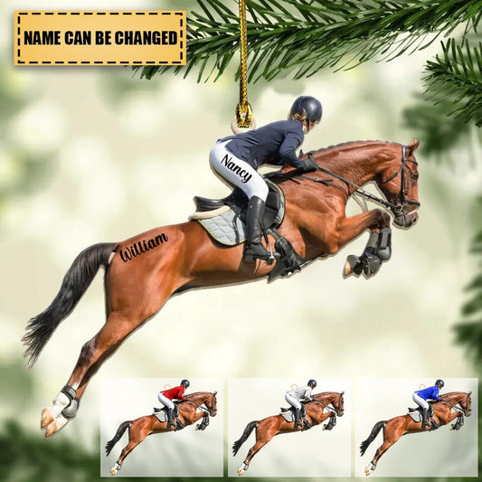 Personalized Young Woman Horseback Jumping Acrylic Ornament, Custom Christmas Ornament Gift For Horseback Lovers