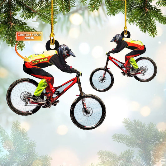 Custom Name Mountain Biking Flat Acrylic Ornament, Christmas Gift For Mountain Biker