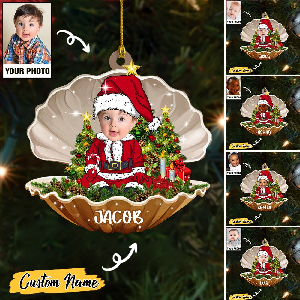 Custom Baby Face Photo Santa In Seashell With Name Acrylic Ornament, Best 1st Christmas Ornament Gift For Baby Mom Dad Family