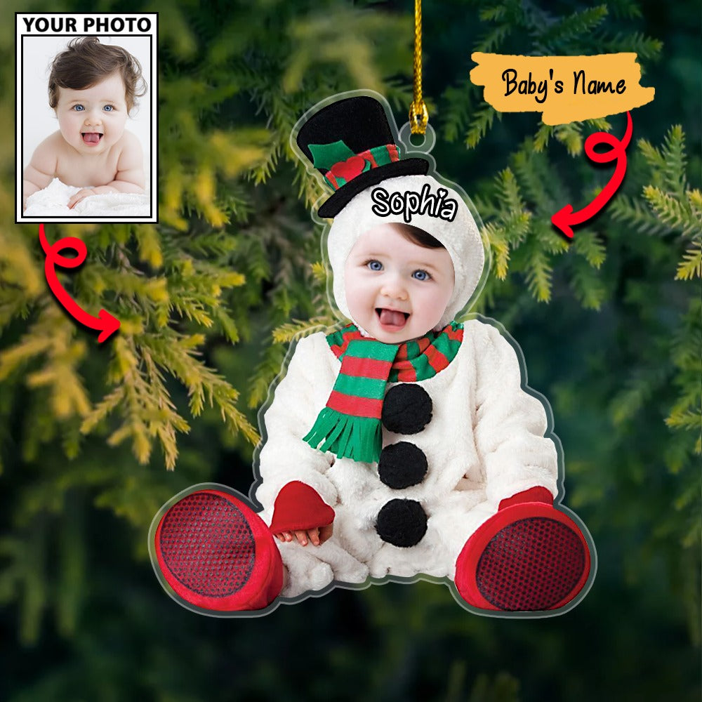 Custom Baby Face Photo Snowman Cute With Name Acrylic Ornament, Best 1st Christmas Gift For Baby Mom Dad Family