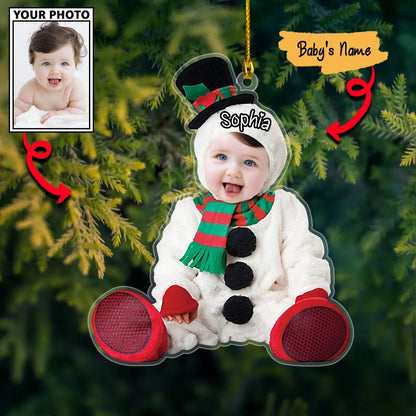 Custom Baby Face Photo Snowman Cute With Name Acrylic Ornament, Best 1st Christmas Gift For Baby Mom Dad Family