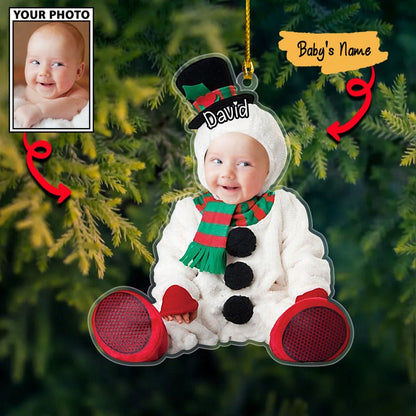 Custom Baby Face Photo Snowman Cute With Name Acrylic Ornament, Best 1st Christmas Gift For Baby Mom Dad Family