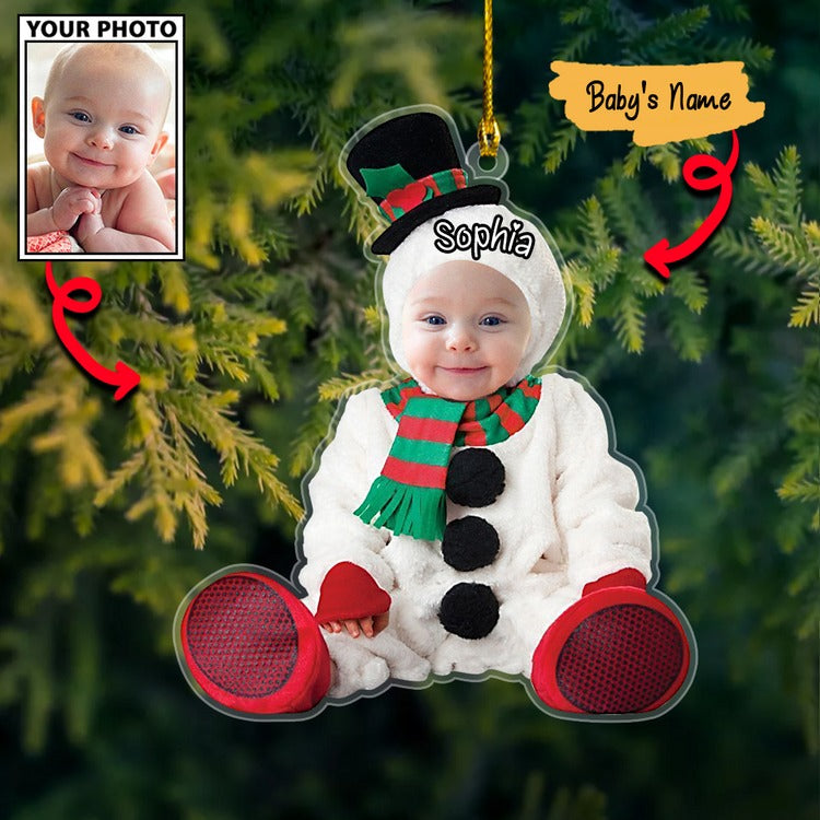 Custom Baby Face Photo Snowman Cute With Name Acrylic Ornament, Best 1st Christmas Gift For Baby Mom Dad Family