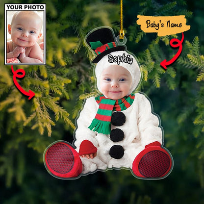 Custom Baby Face Photo Snowman Cute With Name Acrylic Ornament, Best 1st Christmas Gift For Baby Mom Dad Family