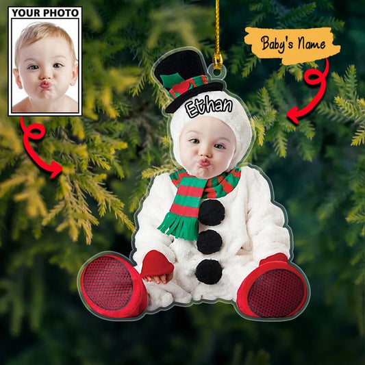 Custom Baby Face Photo Snowman Cute With Name Acrylic Ornament, Best 1st Christmas Gift For Baby Mom Dad Family