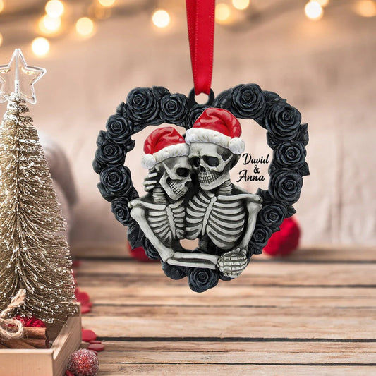 Personalized Skeleton Couple In Black Rose Heart Acrylic Ornament, Custom Christmas Ornament Gift For Couple, Husband, Wife