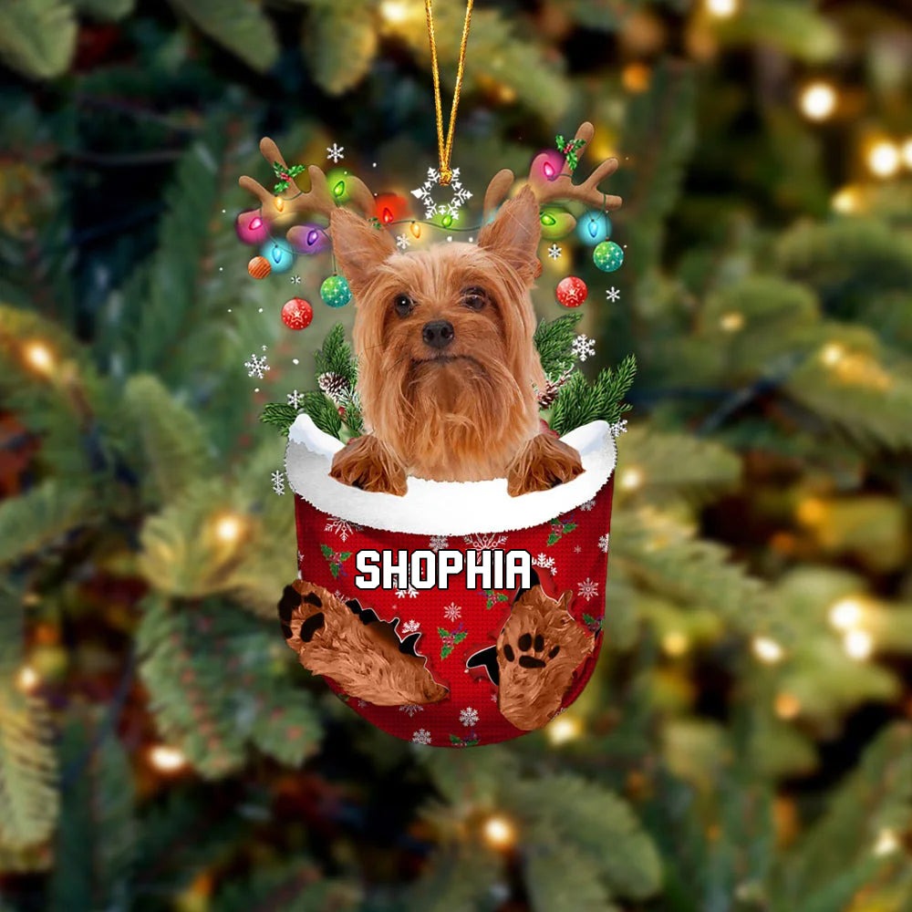 Custom Name Silky Terrier In Snow Pocket Christmas Acrylic Ornament - Christmas Gift For Silky Terrier Lovers, Dog Lovers