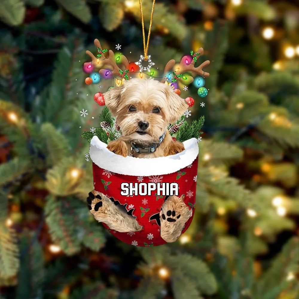 Custom Name Shorkie In Snow Pocket Christmas Acrylic Ornament - Christmas Gift For Shorkie Lovers, Dog Lovers