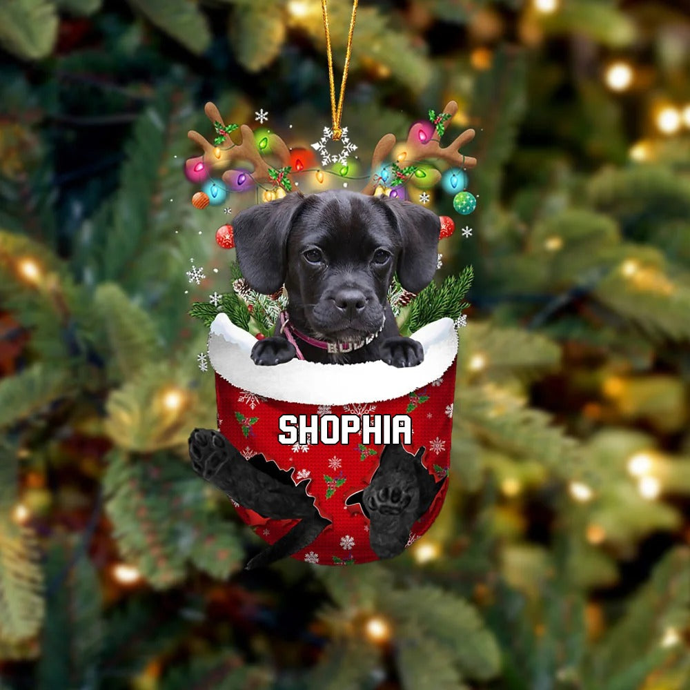 Custom Name Puggle In Snow Pocket Christmas Acrylic Ornament - Christmas Gift For Puggle Lovers, Dog Lovers