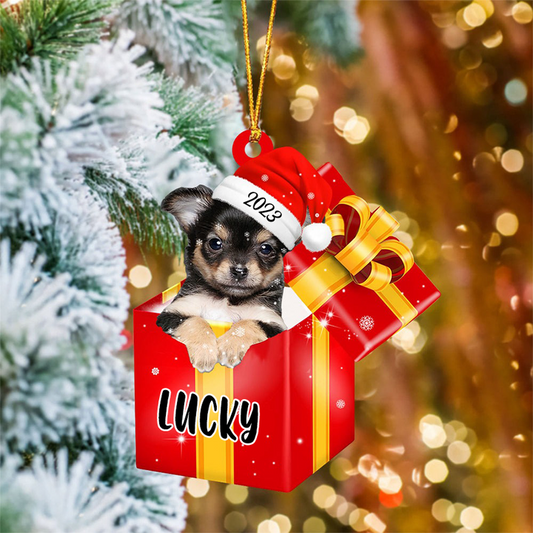 Customized Chihuahua Dog In Red Gift Box Acrylic Ornament, Personalized Gifts For Christmas Dog Mom